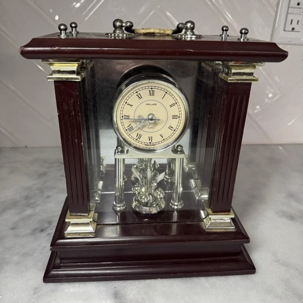 Wallace Silversmiths Quartz Mantel Clock Wooden Glass Desk Shelf Decor 80s VTG